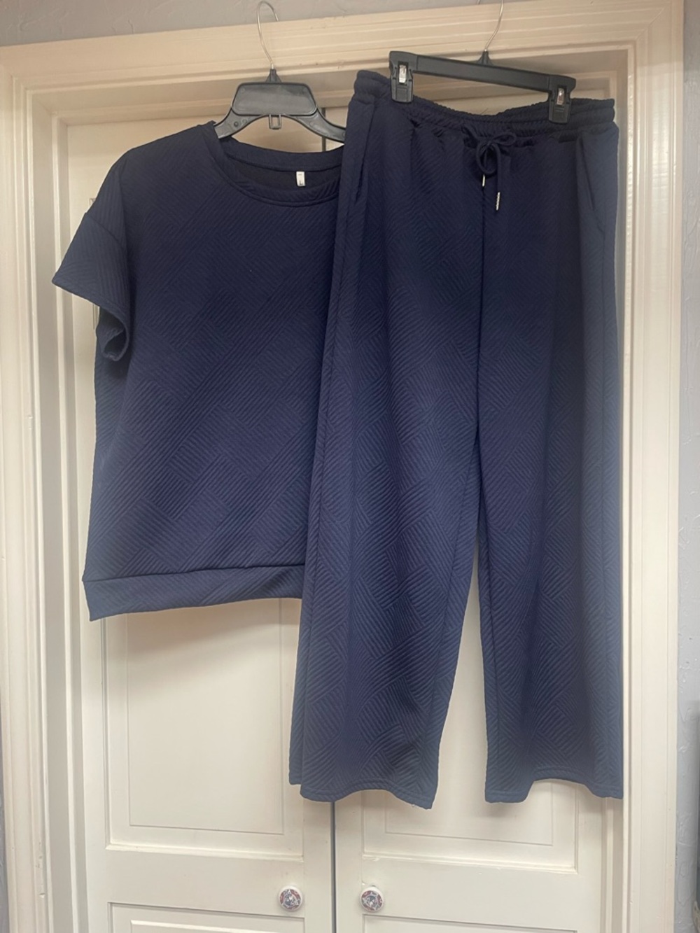 Navy Quilted Lounge Set - Top & Drawstring Pants with pockets